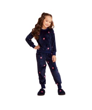 Pijama Infantil Menina Fleece Estampa Corações Coleção Dreams Marinho