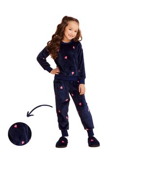 Pijama Infantil Menina Fleece Estampa Corações Coleção Dreams Marinho