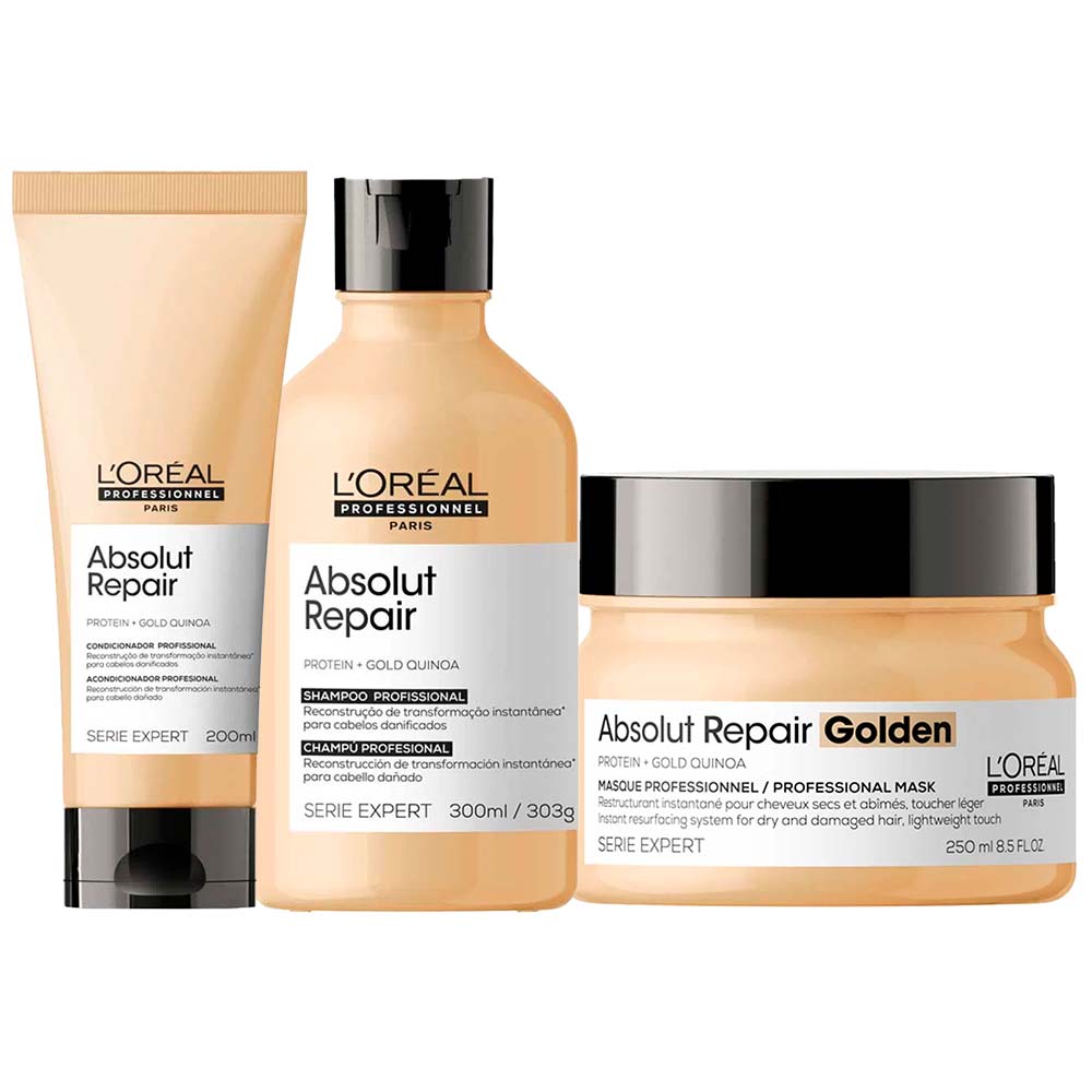 Loréal Professionnel Absolut Repair Gold Quinoa + Protein Kit – Shampoo + Condicionador + Máscara Light