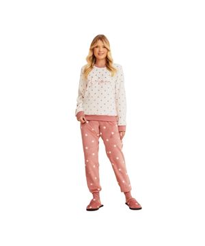 Pijama Longo Feminino Fleece Estampa Poá Coleção Dreams Rose