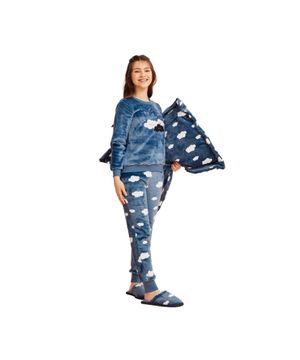 Pijama Longo Juvenil Menina Fleece Estampa Nuvens Coleção Dreams Azul