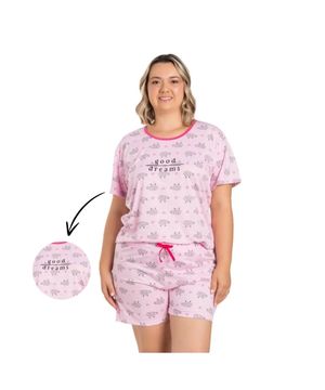 Pijama Short Doll Feminino Plus Size Manga Curta Estampa Ovelhas Rosa