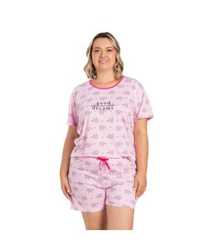 Pijama Short Doll Feminino Plus Size Manga Curta Estampa Ovelhas Rosa