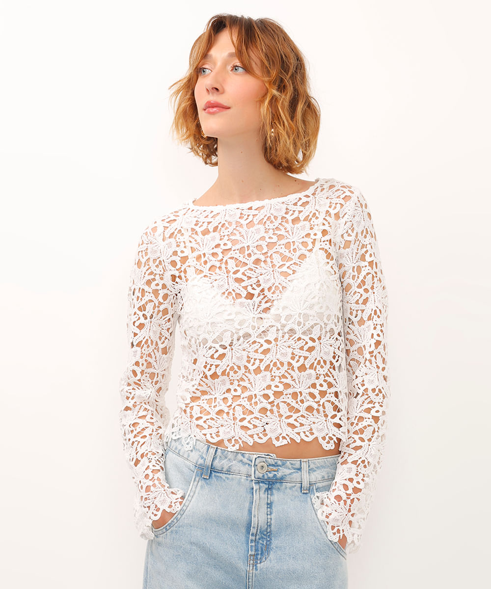 blusa de renda decote canoa manga longa branca