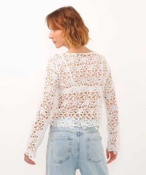 blusa de renda decote canoa manga longa branca