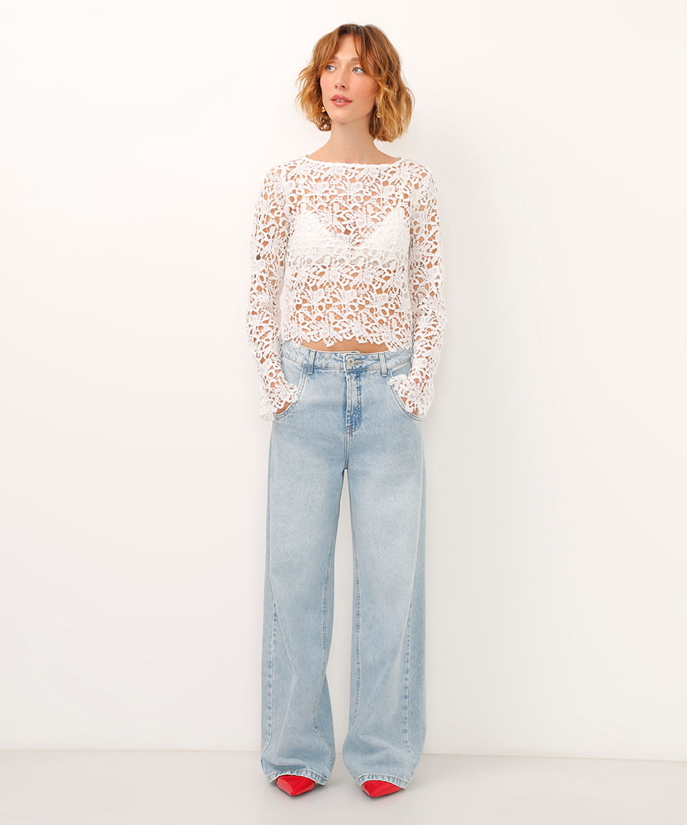 blusa de renda decote canoa manga longa branca