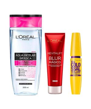 L’Oréal Paris + Maybelline Kit - Água Micelar Bifásica + Primer Blur Mágico + Máscara de Cílios Lavável