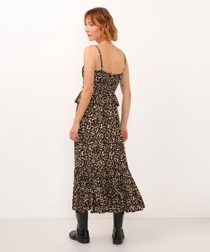 vestido longo decote coração animal print bege