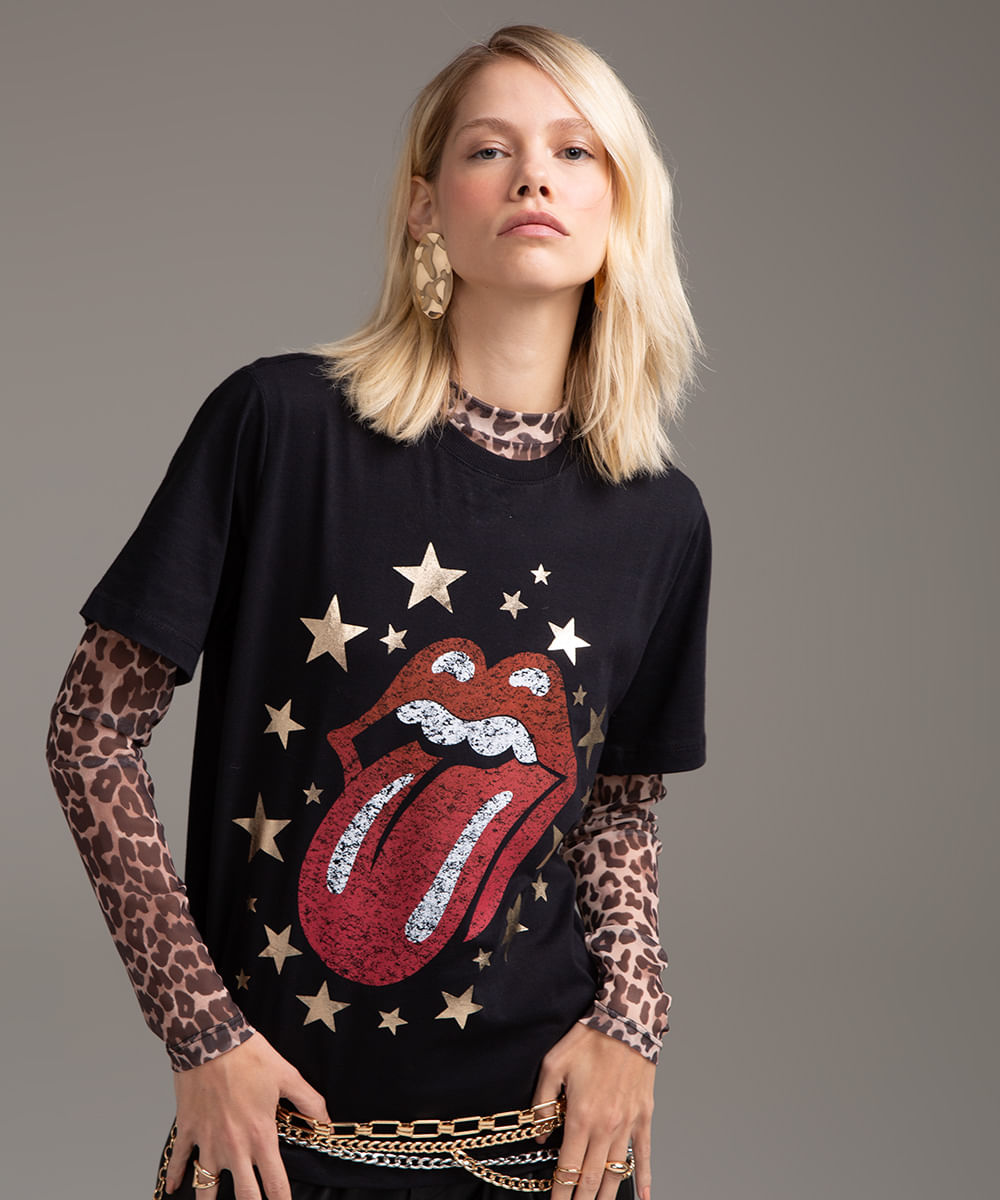 camiseta de algodão the rolling stones estrela preta