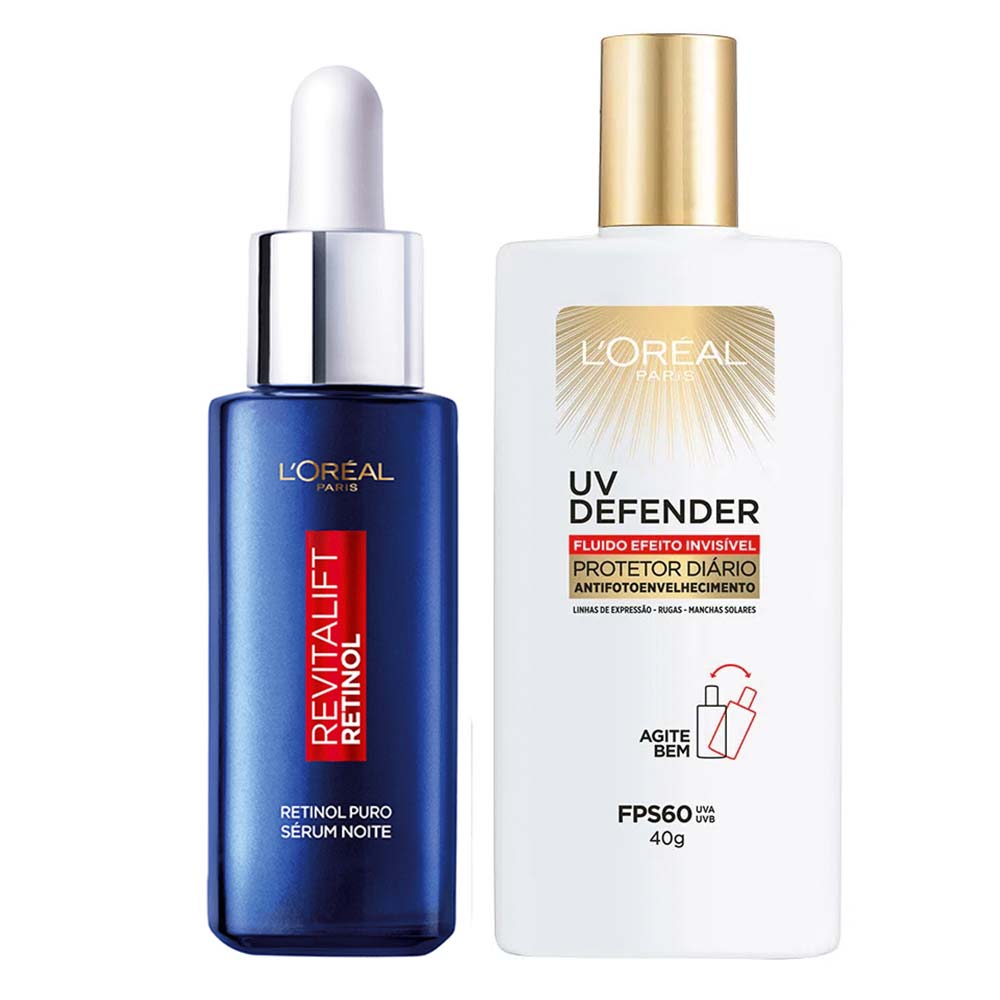 L‘Oréal Paris Kit – Sérum Facial Antirrugas Noturno Revitalift Retinol 30ml + Protetor Solar Uv Defender Fluido FPS60 40g