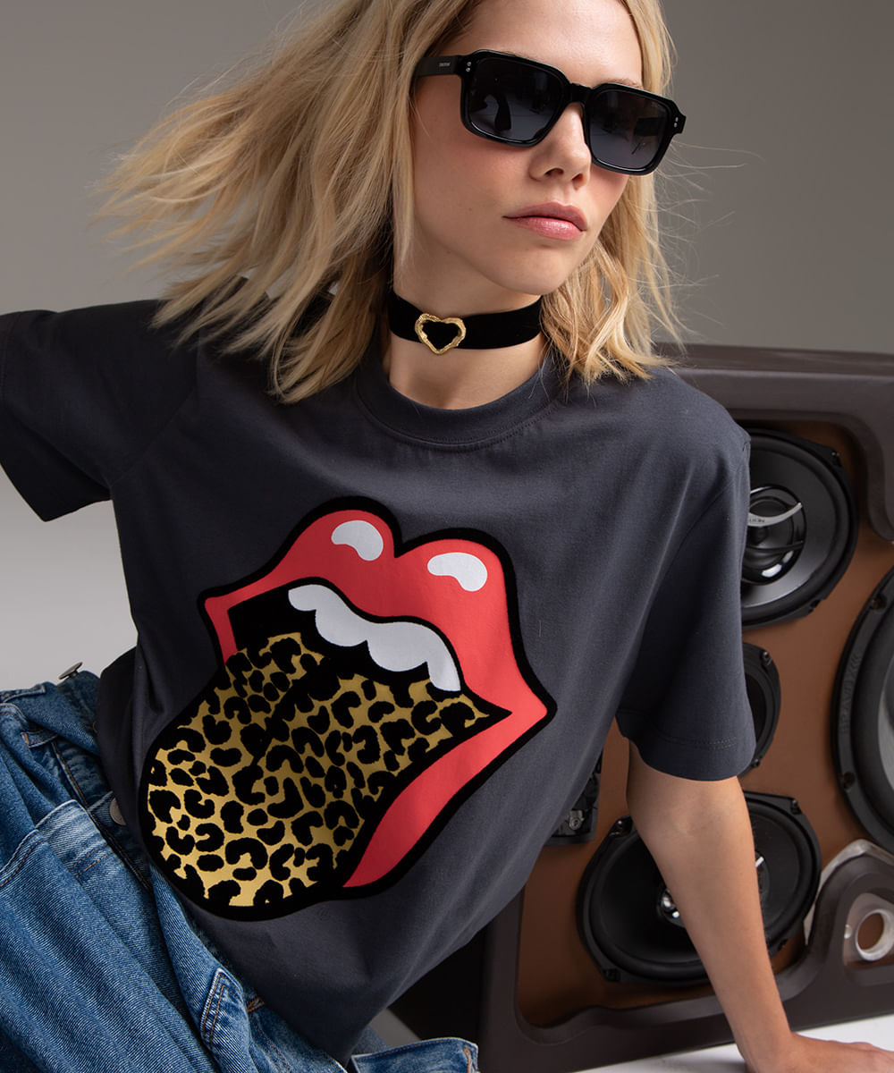 camiseta de algodão the rolling stones animal print cinza