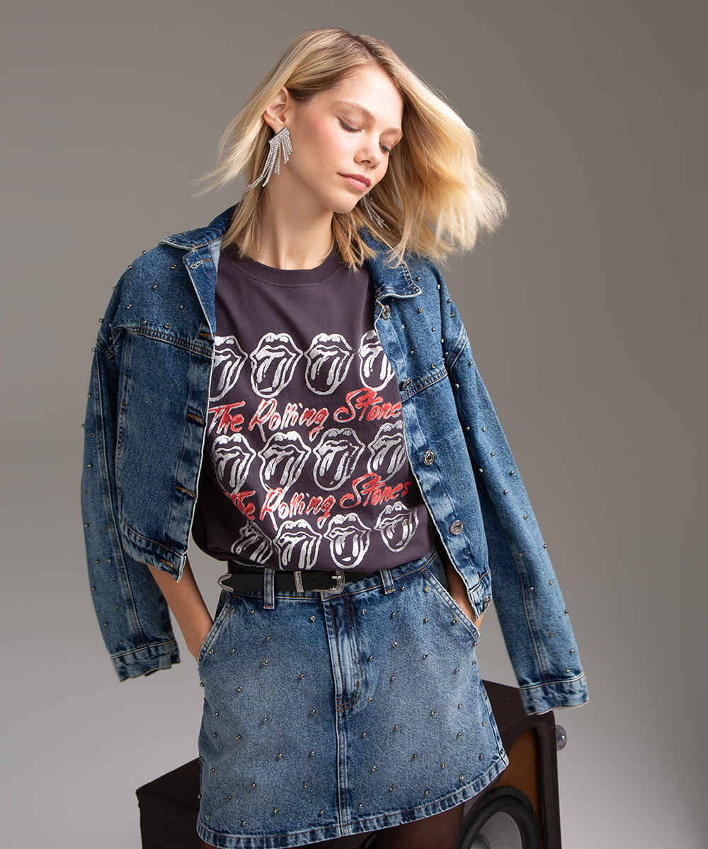 camiseta de algodão the rolling stones metalizada cinza