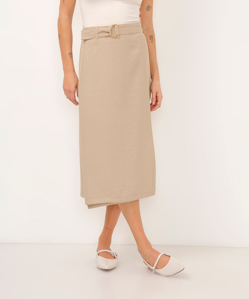 saia midi de viscose transpassada com cinto bege