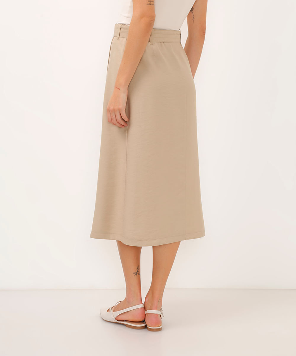 saia midi de viscose transpassada com cinto bege