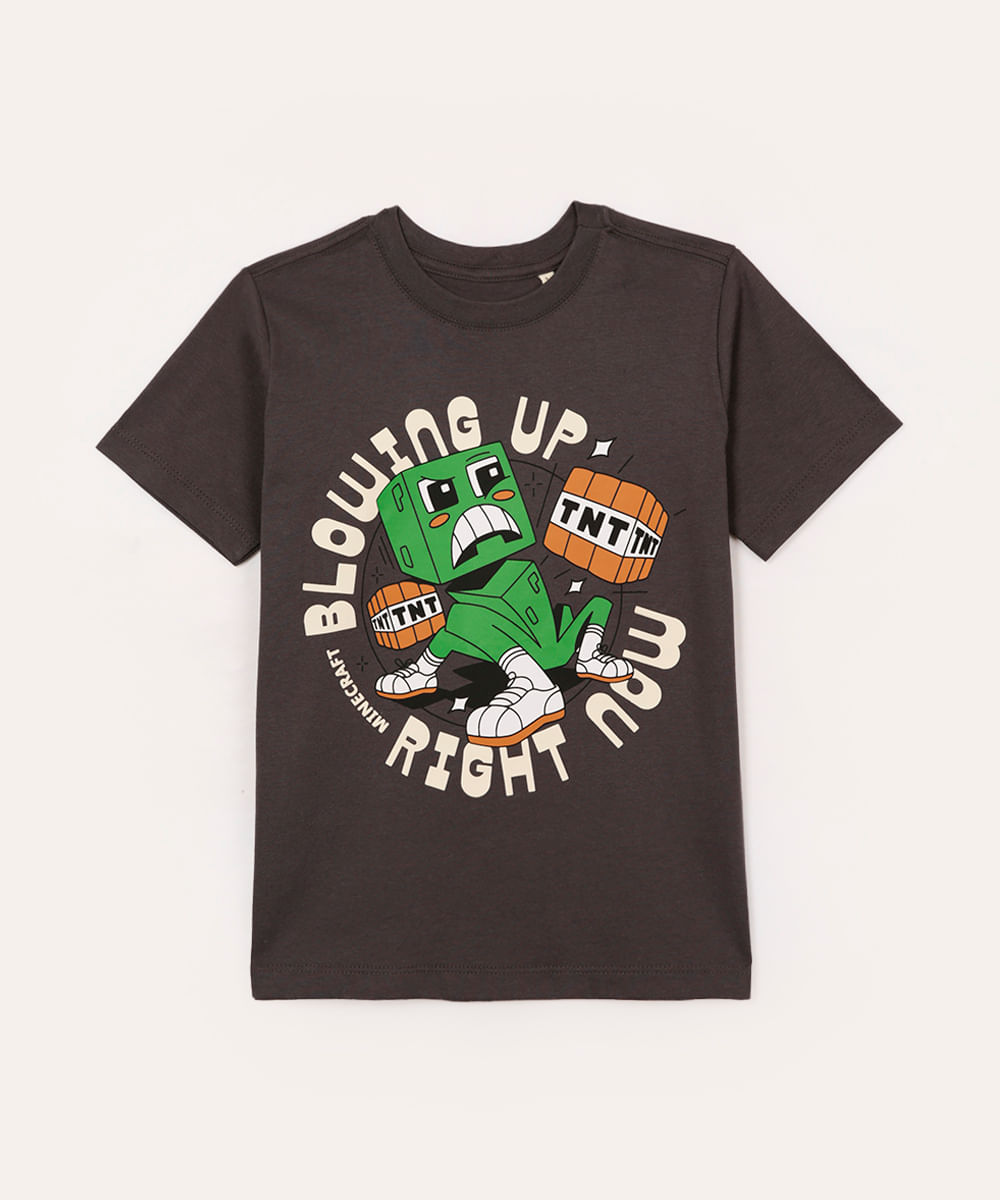 camiseta de algodão infantil minecraft cinza
