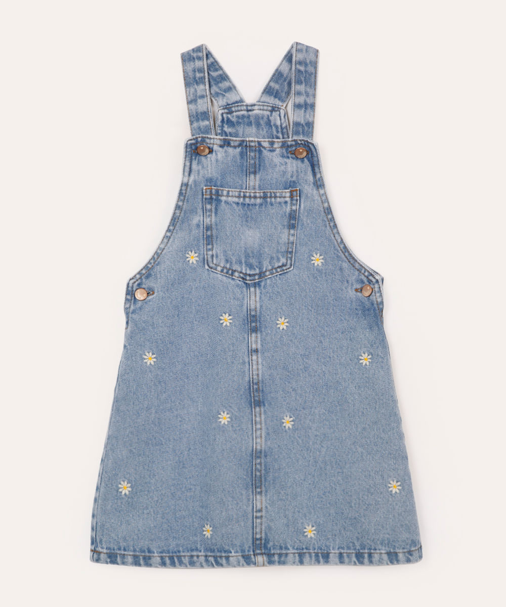 salopete jeans infantil margaridas bordadas azul