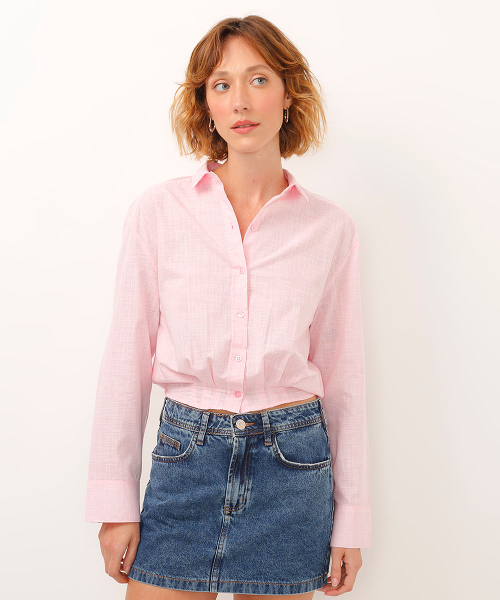 camisa de algodão manga longa com pregas rosa