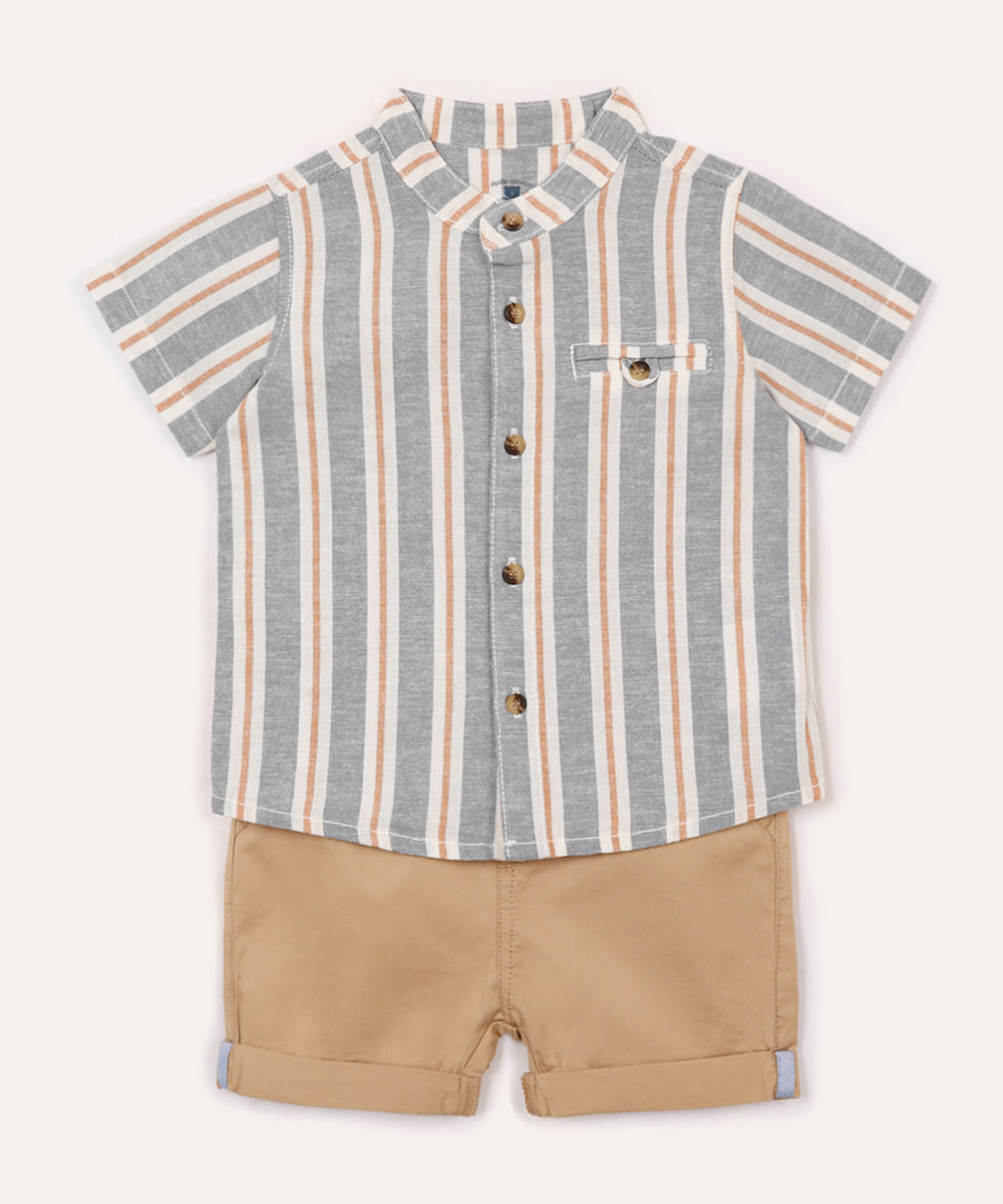 conjunto curto infantil com linho listrado bege