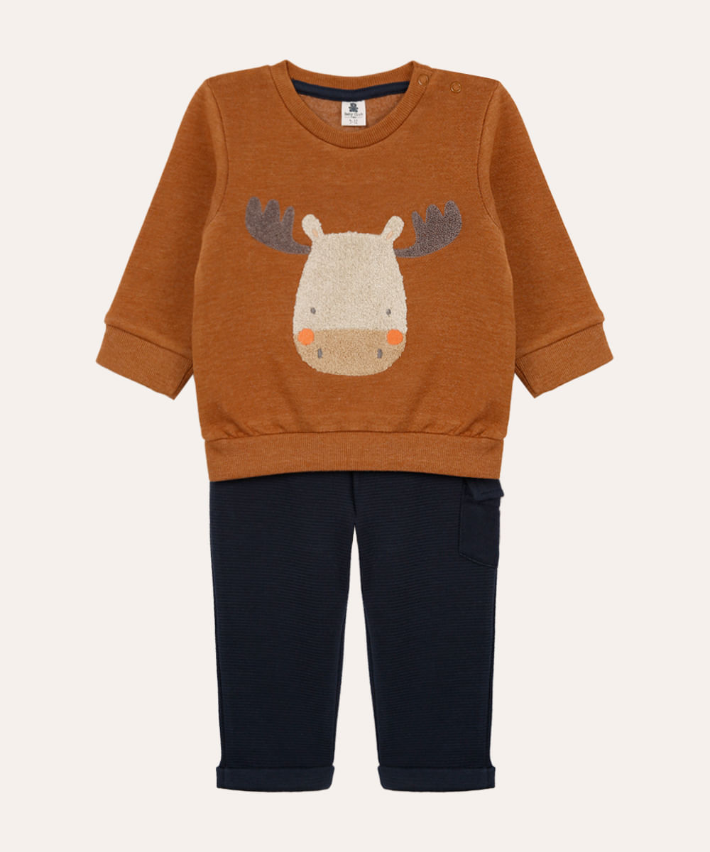 conjunto longo infantil de moletom alce bege