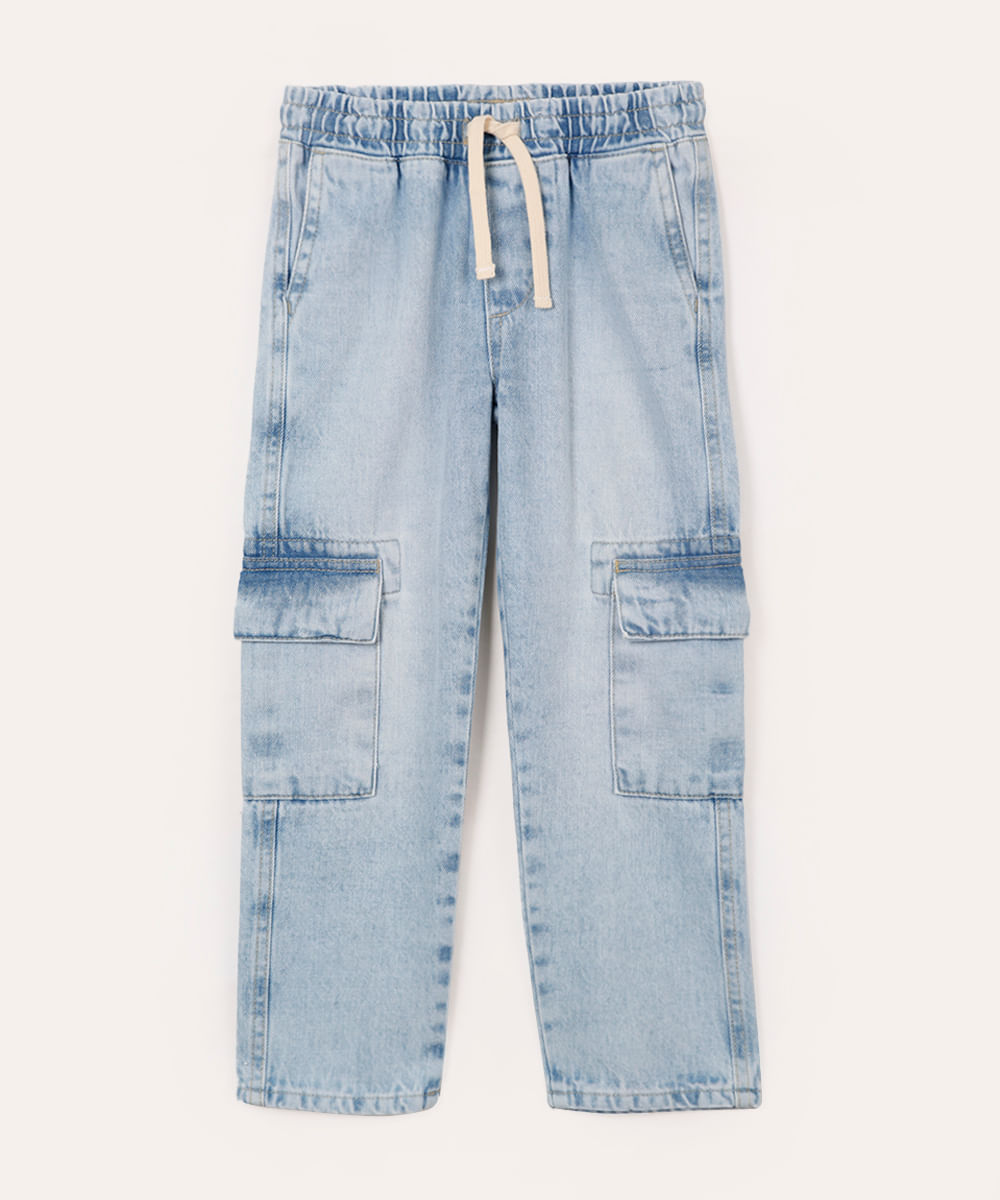 calça jeans cargo infantil com elástico azul