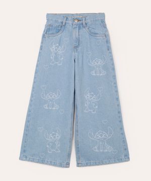 calça wide leg jeans infantil stitch azul