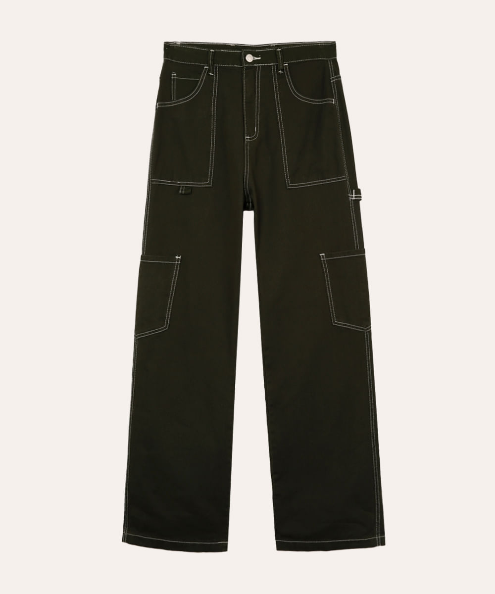 calça wide leg cargo de sarja juvenil - verde militar