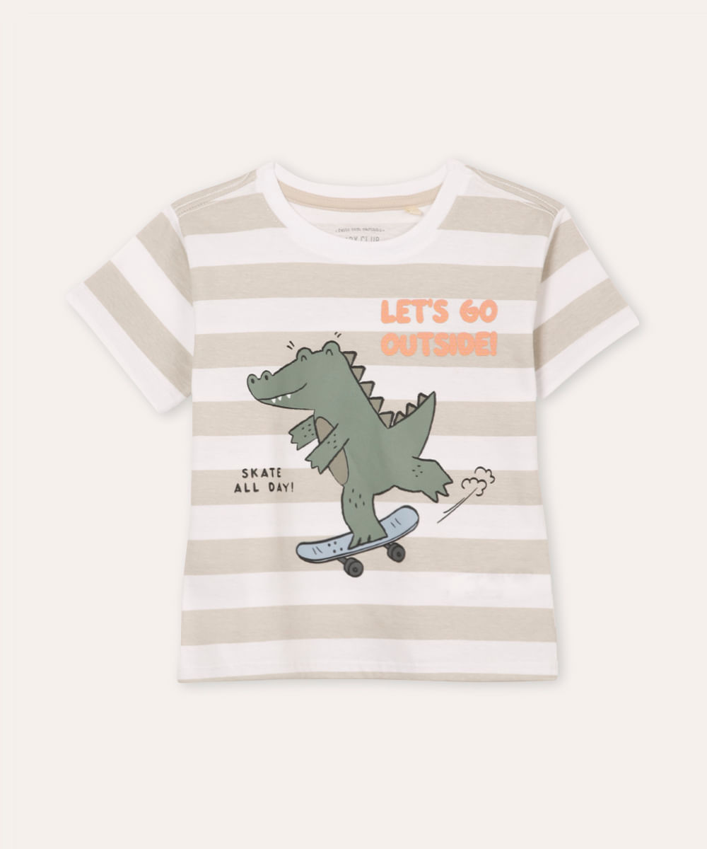 camiseta de algodão infantil jacaré listrada off white