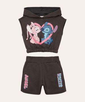 conjunto de moletom infantil angel e stitch cinza