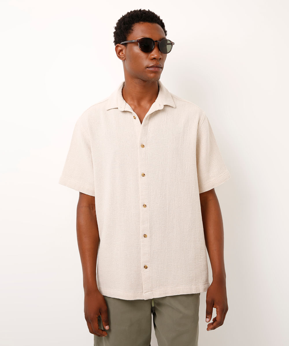 camisa de algodão texturizada box fit off white