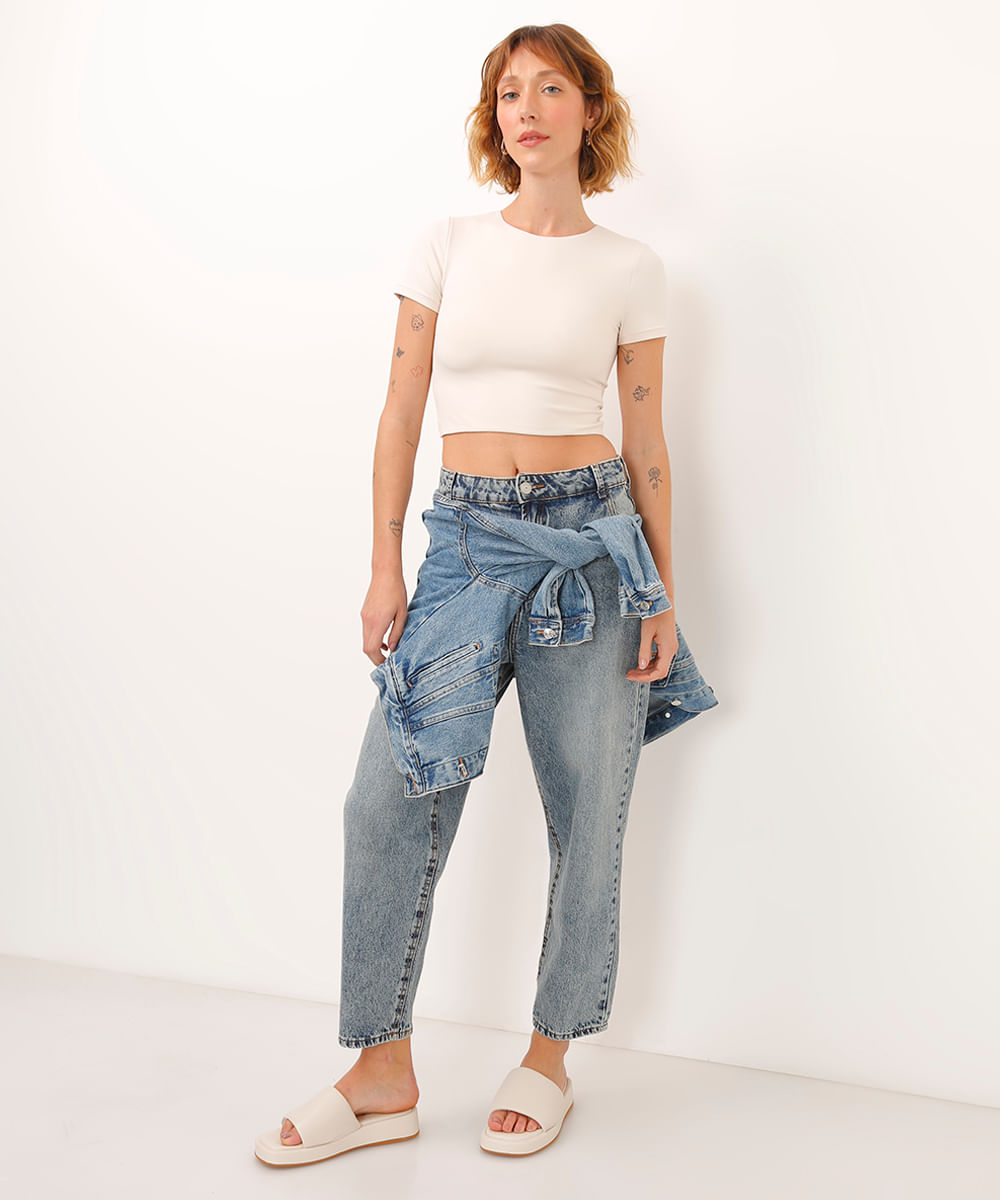 cropped de poliamida manga curta off white