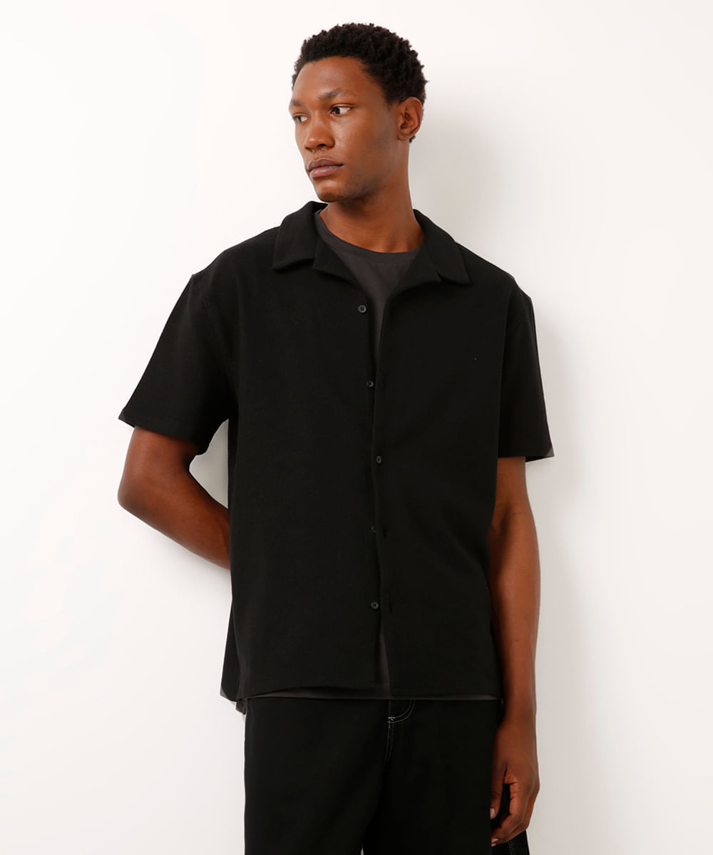 camisa de tricot manga curta preta