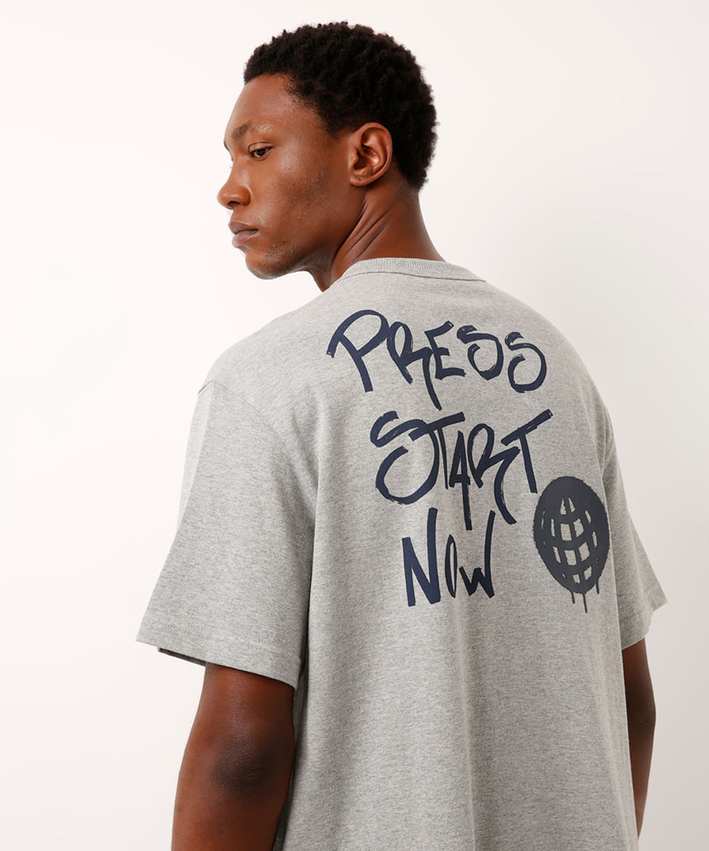 camiseta de algodão press start now cinza