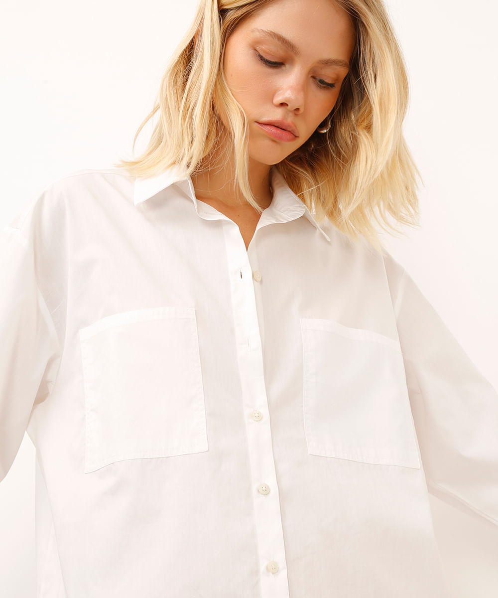 vestido camisa curto manga longa com bolso off white