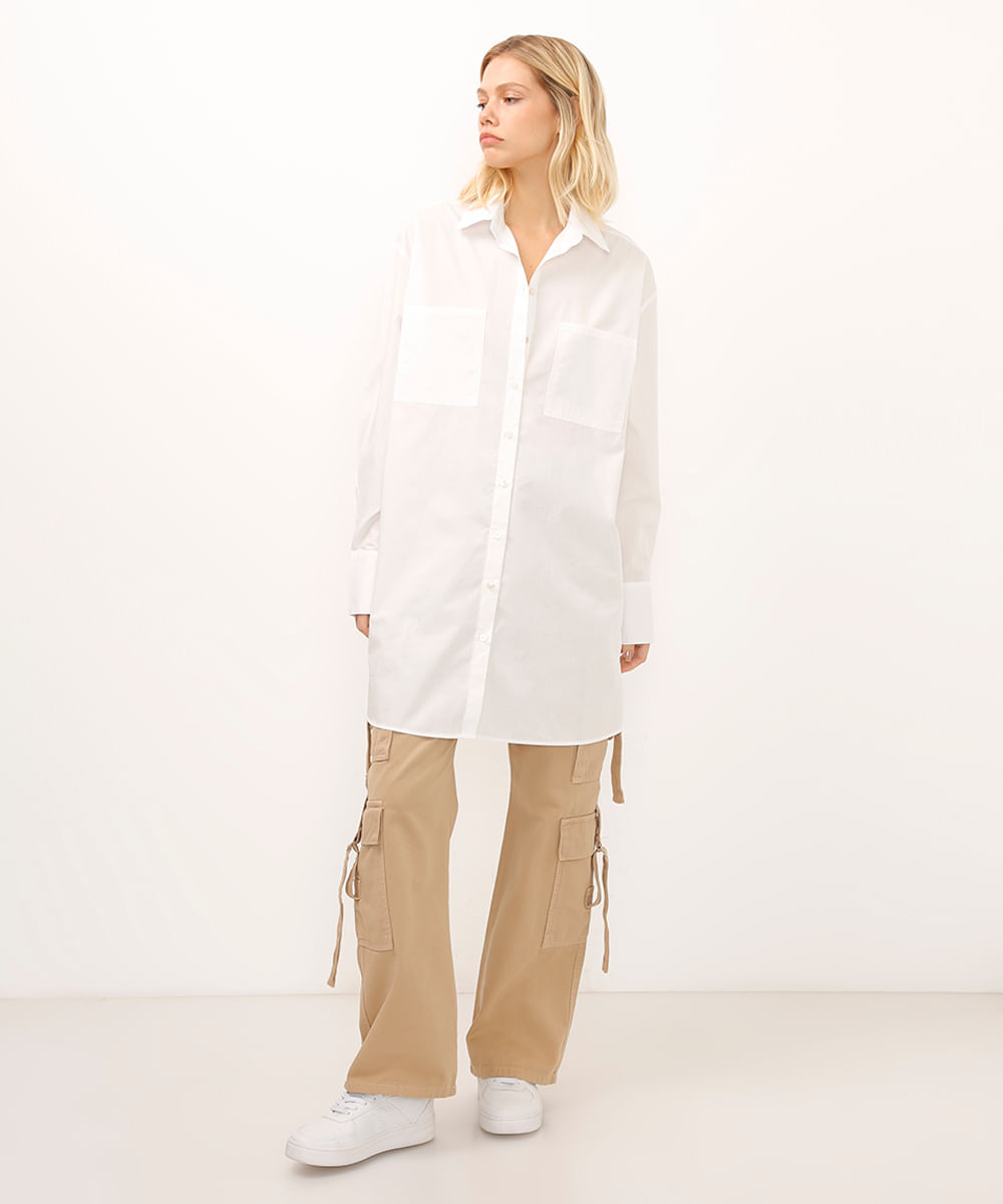 vestido camisa curto manga longa com bolso off white
