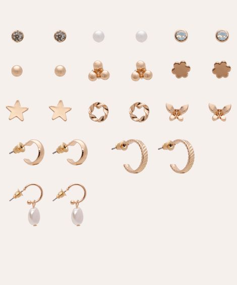 kit de 12 brincos argolas e pérolas dourado