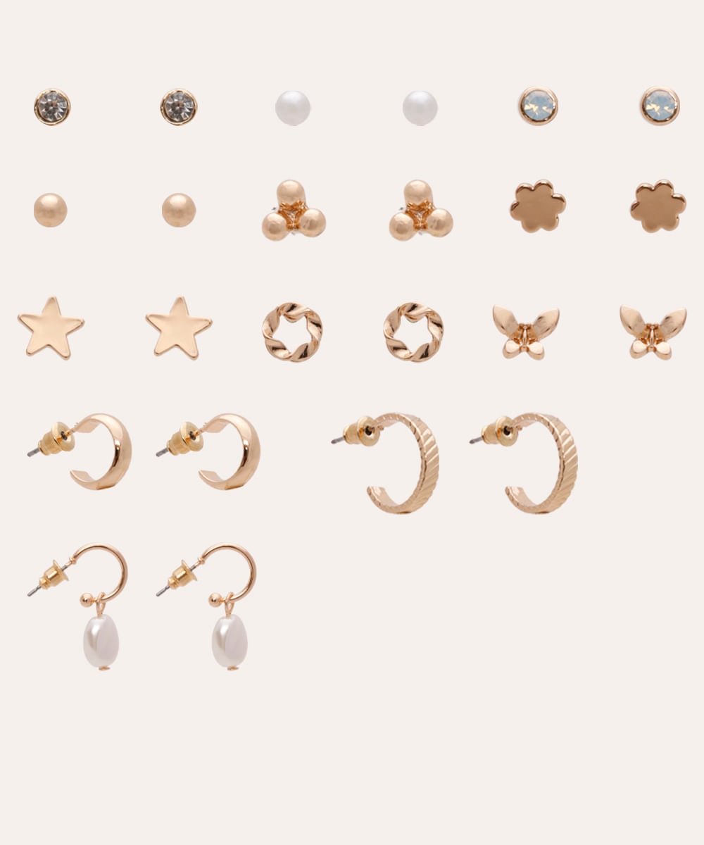 kit de 12 brincos argolas e pérolas dourado