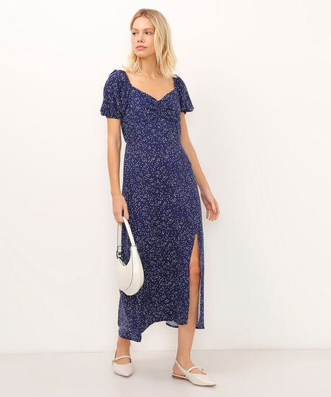 vestido midi de viscose manga bufante poá azul