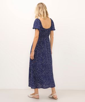 vestido midi de viscose manga bufante poá azul