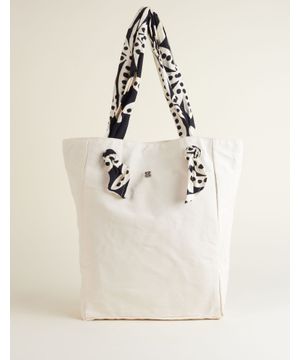 Bolsa Grande Lona Estampa Floral Preto e Branco Off White