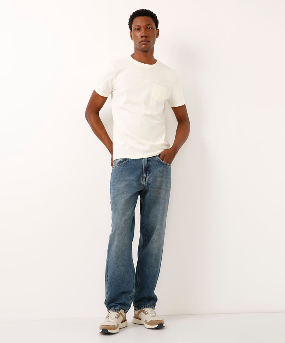 camiseta de algodão básica com bolsos manga curta off white