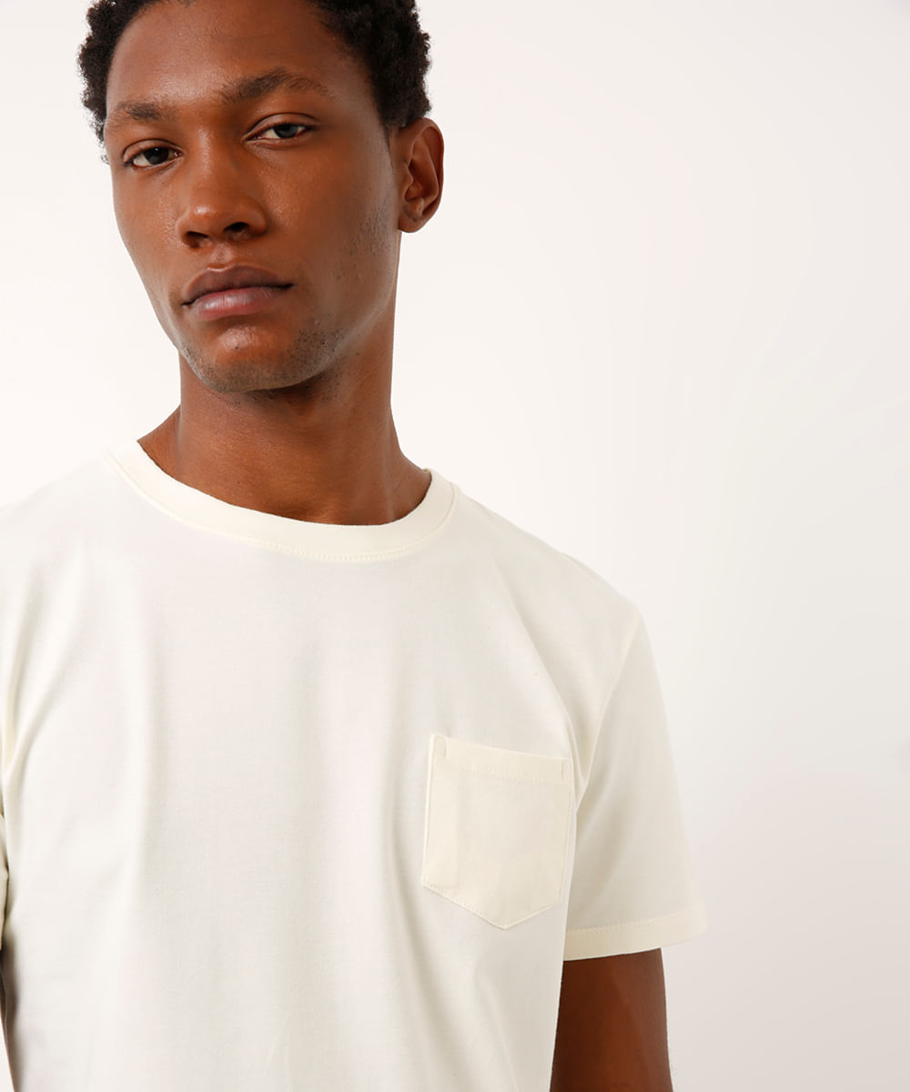 camiseta de algodão básica com bolsos manga curta off white