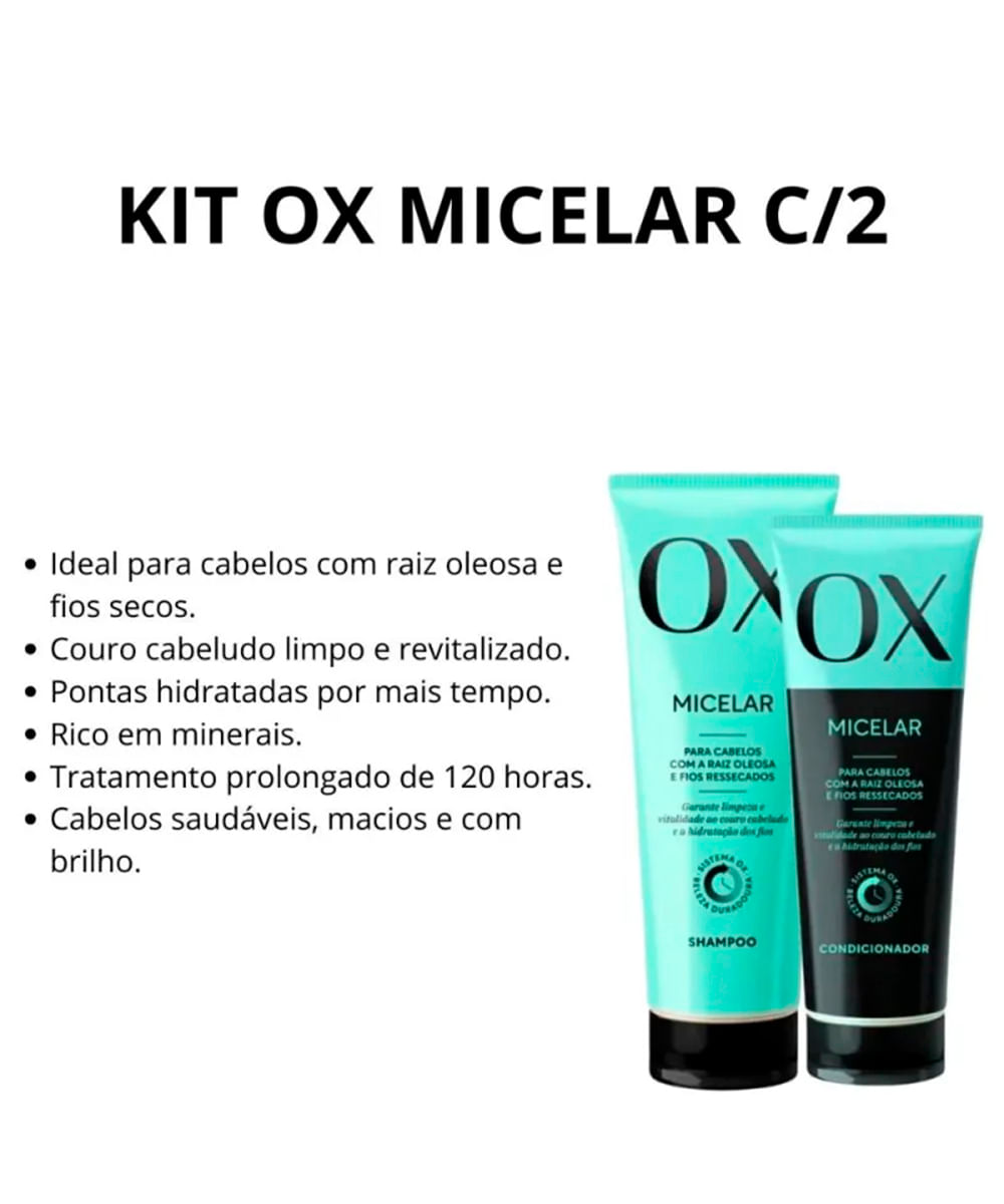 kit OX cosméticos micelar duo shampoo e condicionador
