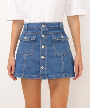 short saia jeans cintura super alta azul