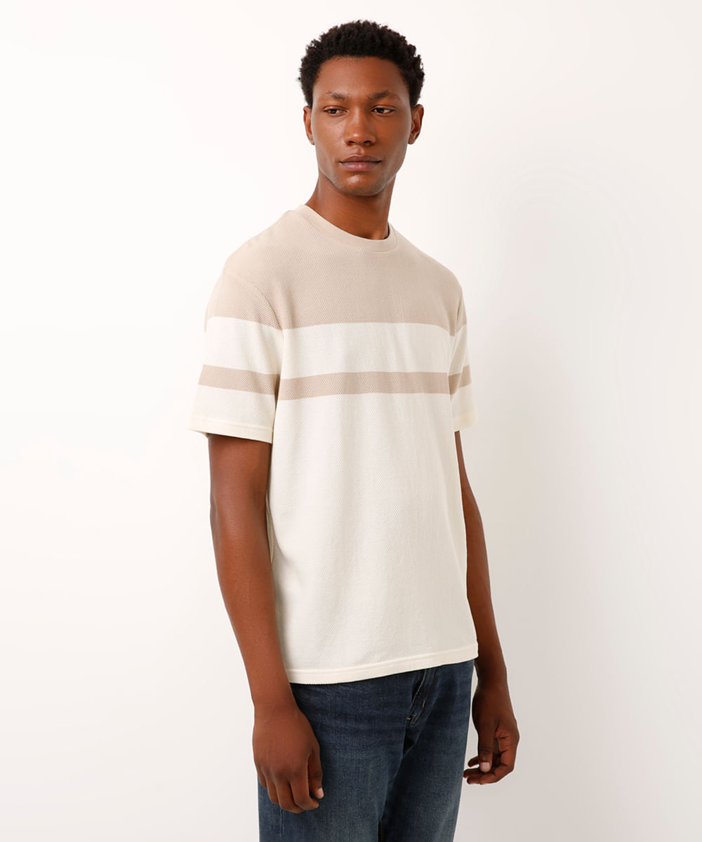 camiseta comfort texturizada listrada manga curta - kaki