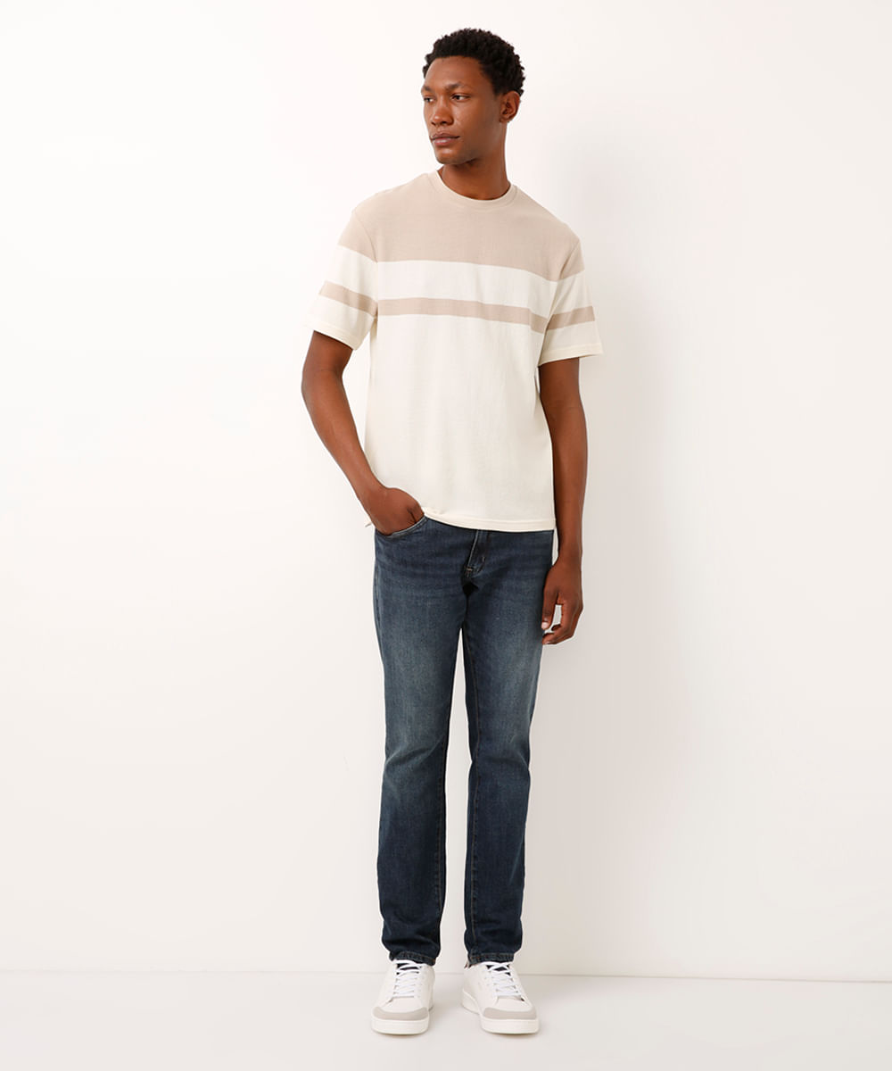 camiseta comfort texturizada listrada manga curta - kaki