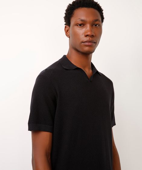 polo masculina de tricot manga curta texturizada preta