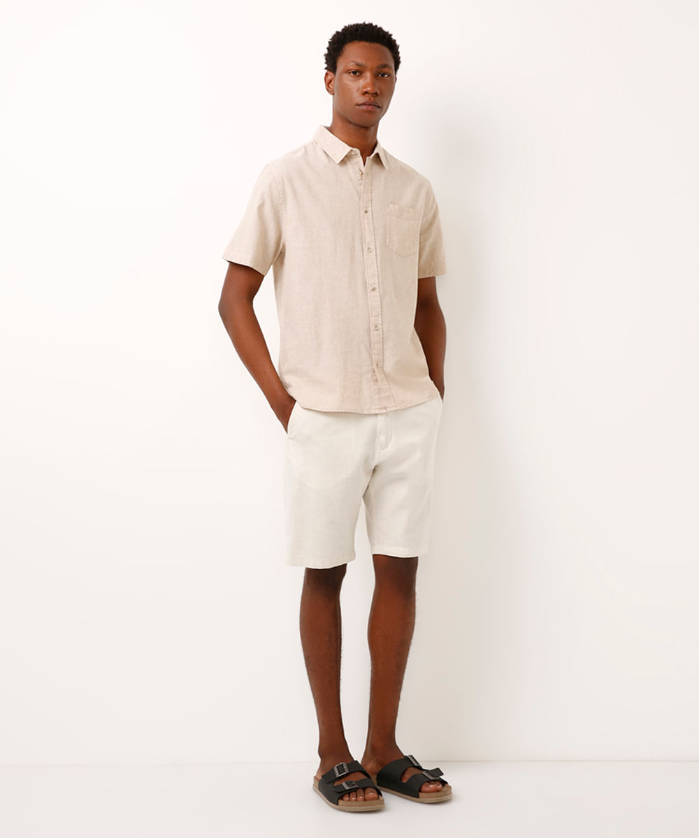 bermuda reta de linho listrada bege