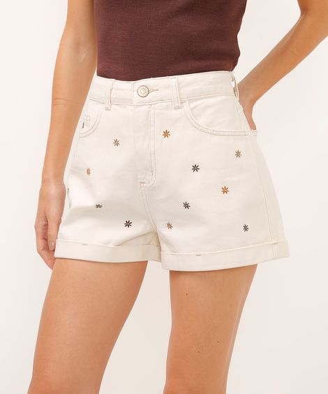 short de sarja mom cintura super alta e bordado floral bege