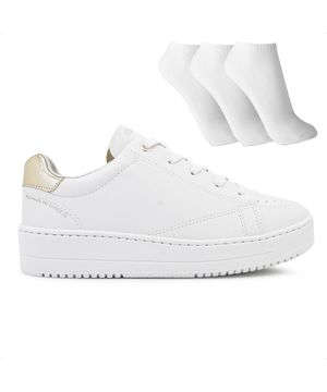 Tênis Ramarim Bicolor Caixa Alta Feminino + 3 Pares de Meias Branco e Dourado