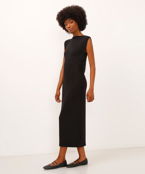 vestido midi de viscose com franzido preto